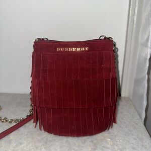 Burberry Red Suede Fringe Crossbody Bag with Gold Logo